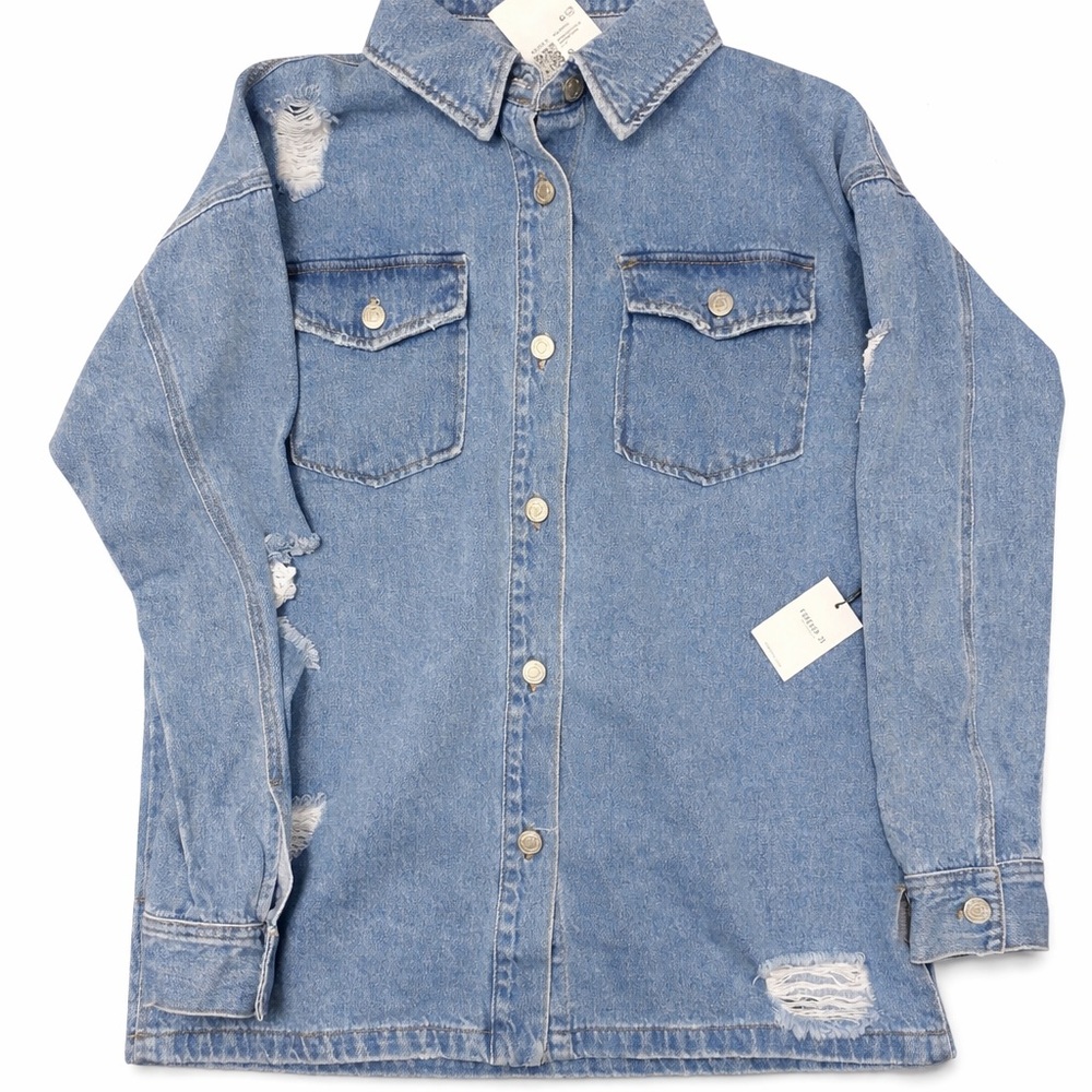 Forever 21 Distressed Denim Jacket Small Light Wash Button Front NWT